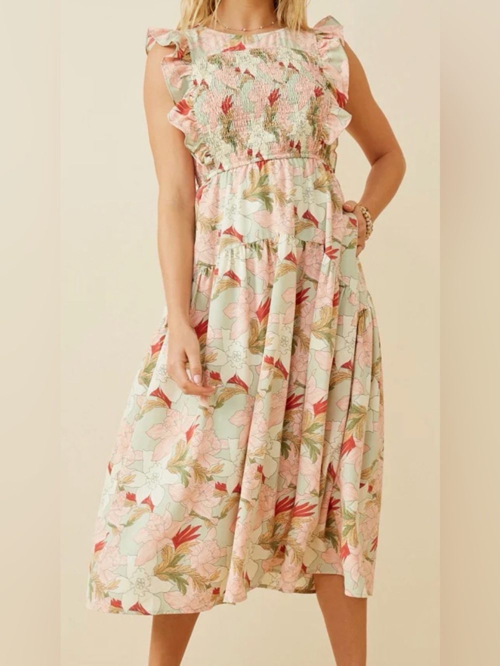 Mayoral Floral Ruffle Maxi Dress in Pink and Green